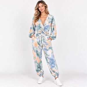 Skies Are Blue SOFT Tie Dye Lounge Set Top S Joggers XS Blue Peach NWT